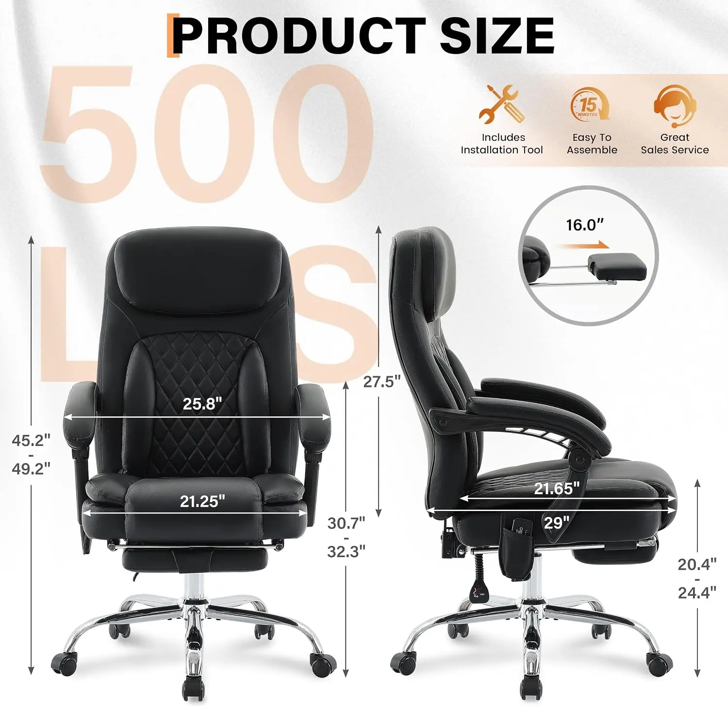 500LBS Massage Executive Office Chair, 6 Points Vibration Heat Lumbar & 135° Recline Desk Chair, Customized