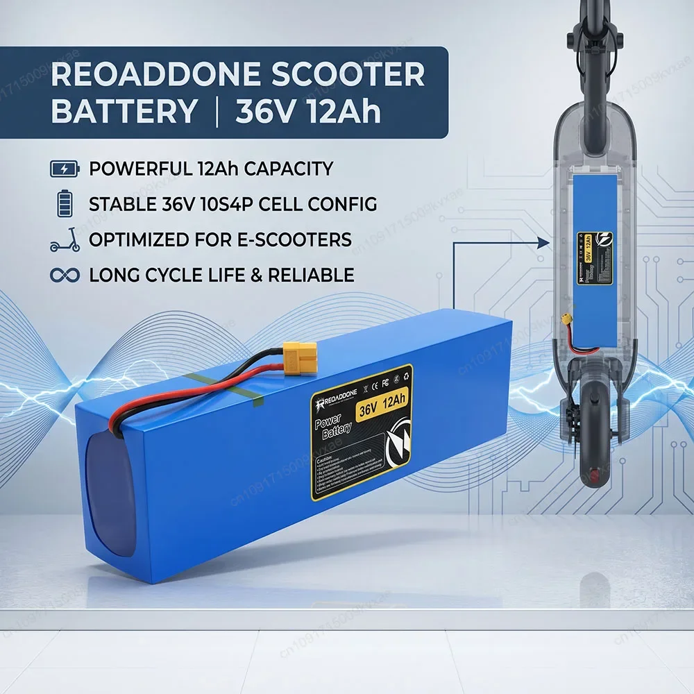 Electric Scooter Battery 36V 12Ah 10S4P 18650 Rechargeable Li-ion Pack with Protection BMS for 250W-500W Ebike Cycling Motor