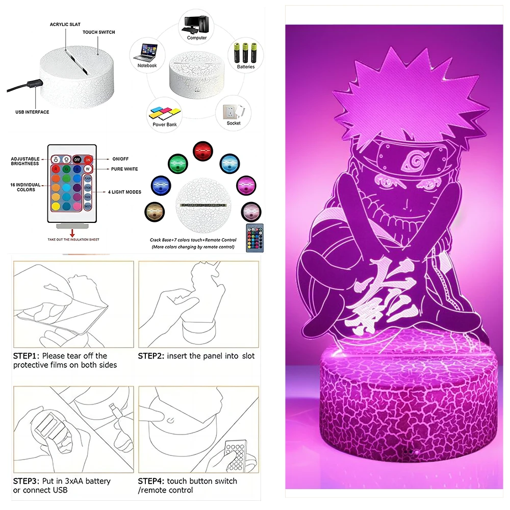 Naruto Anime Figure lampada 3D lllusione ottica Naruto Figurine luci notturne a Led cambia colore Action Figure Model Doll Toys Gift