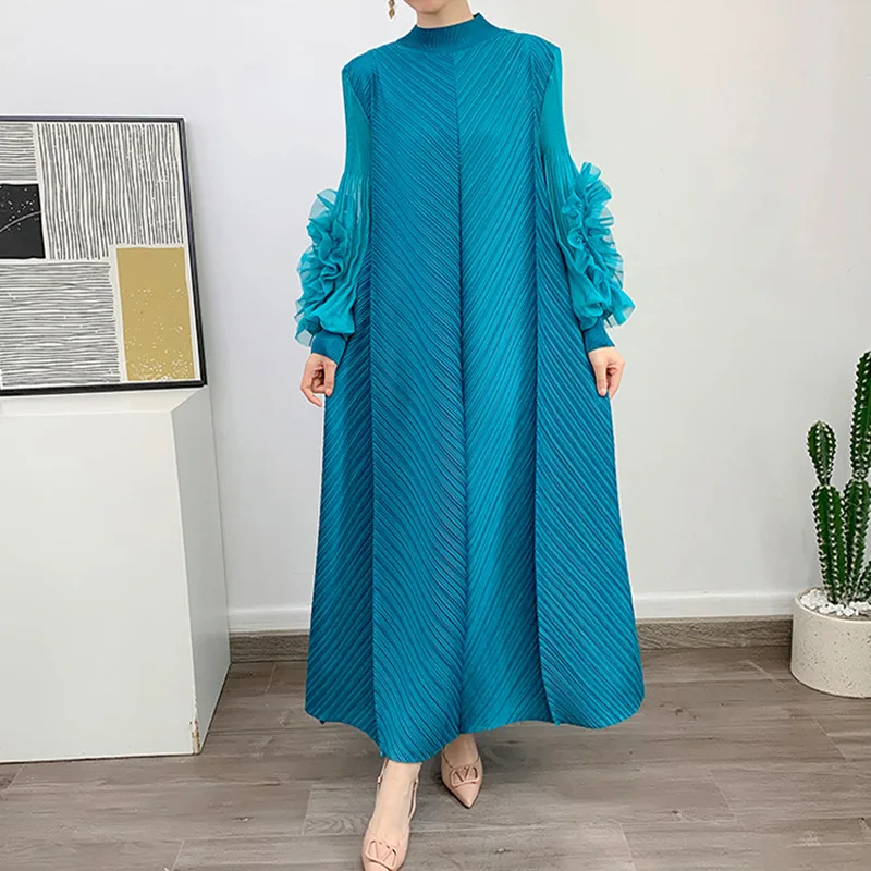 Miyake Pleated Maxi Long Dress Mesh Petal Sleeve Half Turtleneck Formal Dresses for Women 2024 New Birthday Dress for Women