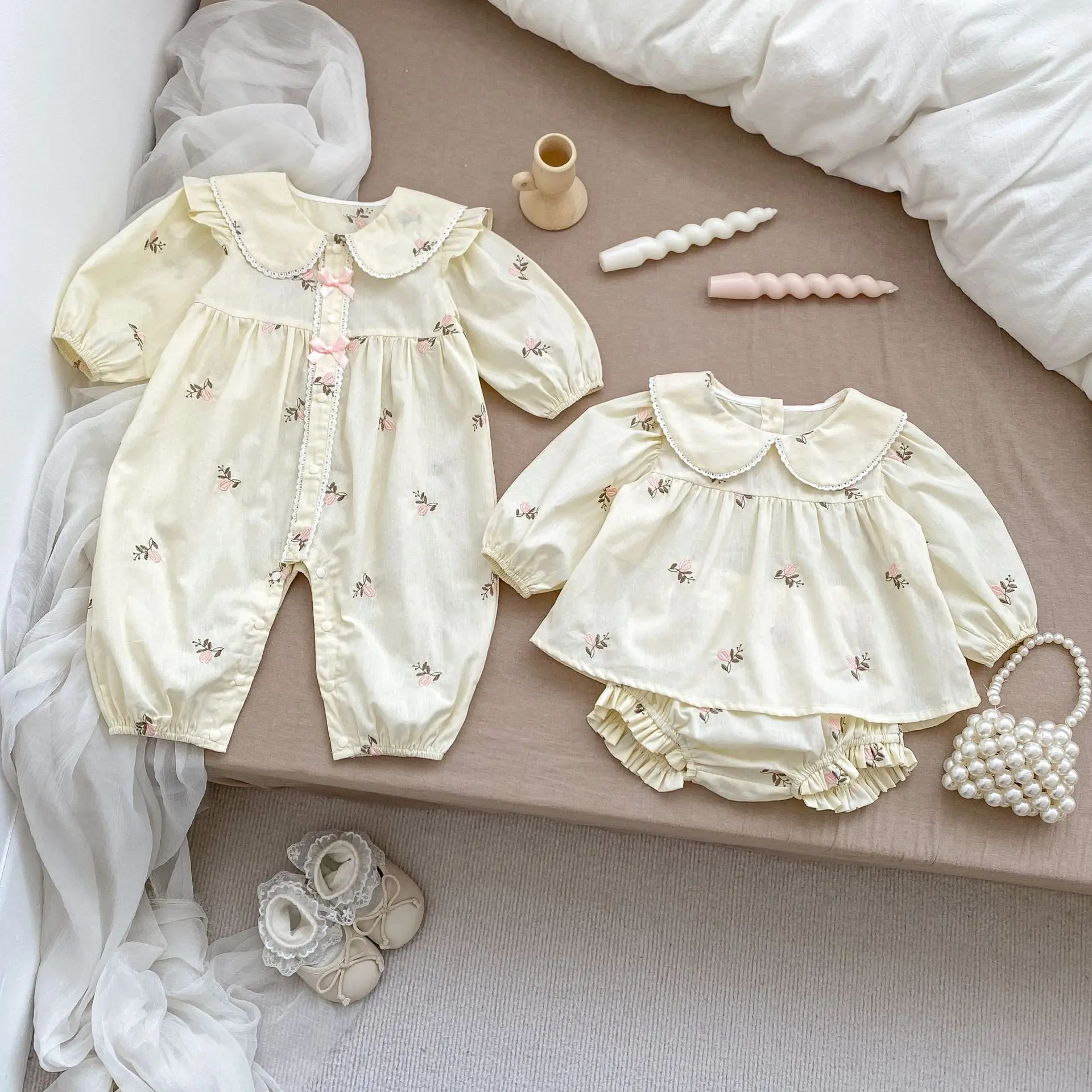 

Baby Clothes Autumn New Sister Outfit Cute Flower Embroidery Newborn Infant Girl Romper Or Toddler Blouse Tops Shorts 2Pcs Sets