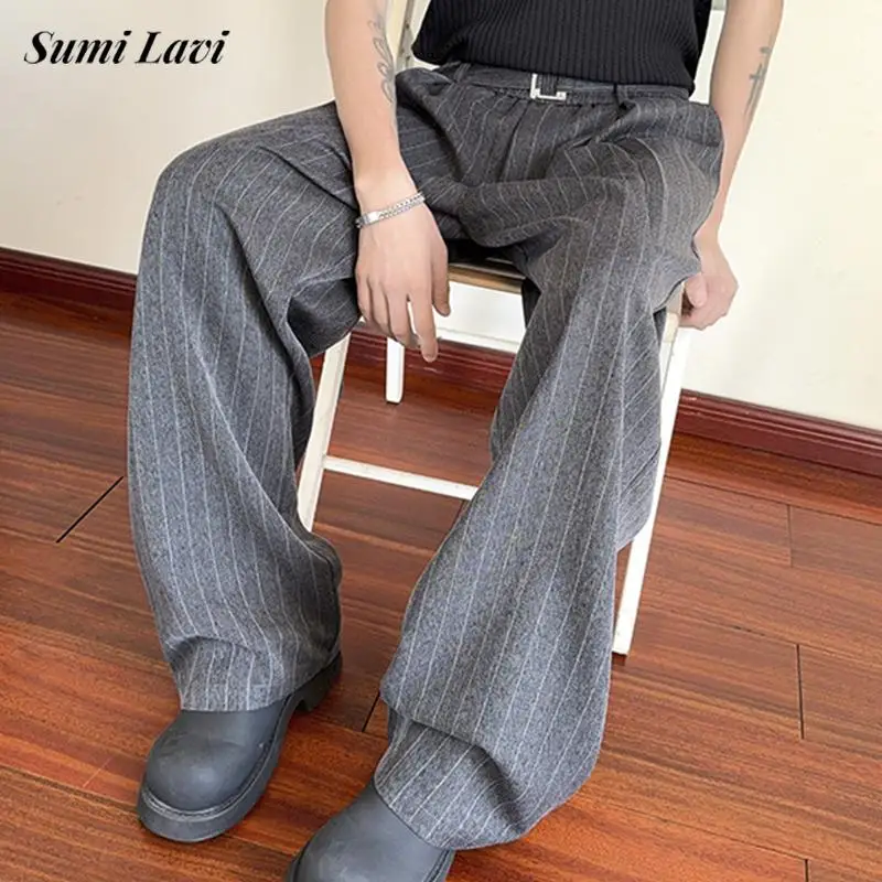 

Daily Casual Loose Straight Bottoms Men Vintage Draped Lace-up Pleated Trouesrs For Mens Spring Fashionable Striped Pants