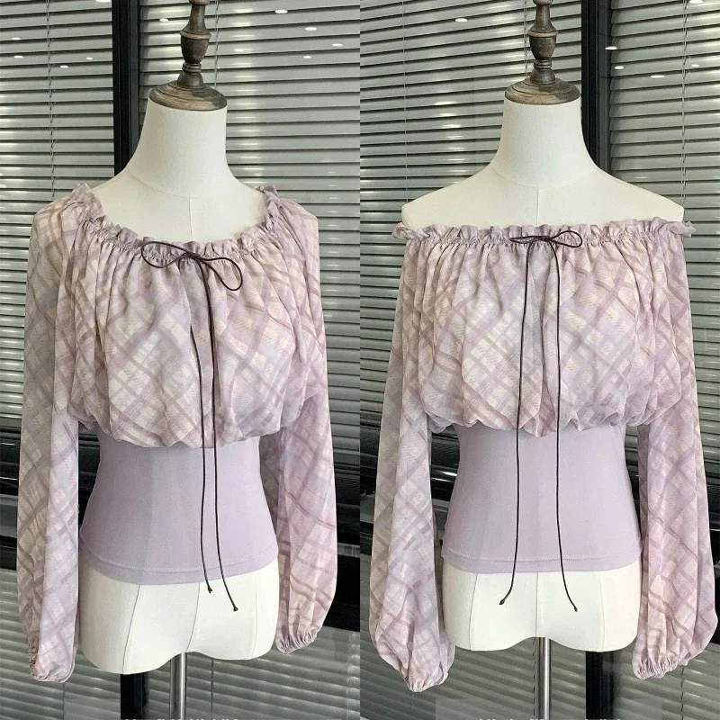 Vintage French Style Plaid Patchwork Blouse Women Autumn Off Shoulder Long Sleeve Casual Elegant Chic Office Streetwear Tops
