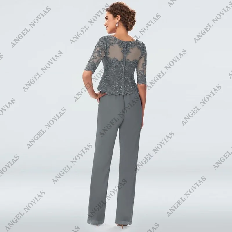 Customized Long Grey Pantsuit Chiffon Mother of Bride Dresses Two Pieces vestidos de fiestas elegantes mujer