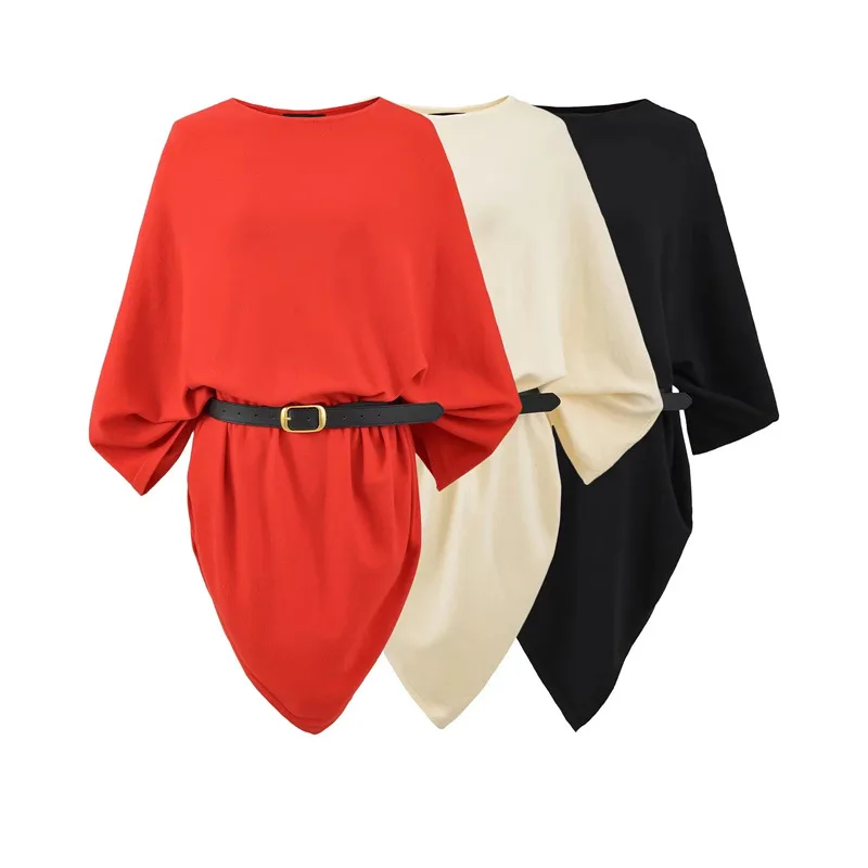 

Осенний новый стиль, свободный вязаный топ с круглым вырезом, женский модный повседневный топ без рукавов с коротким рукавом и поясом на талии для похудения