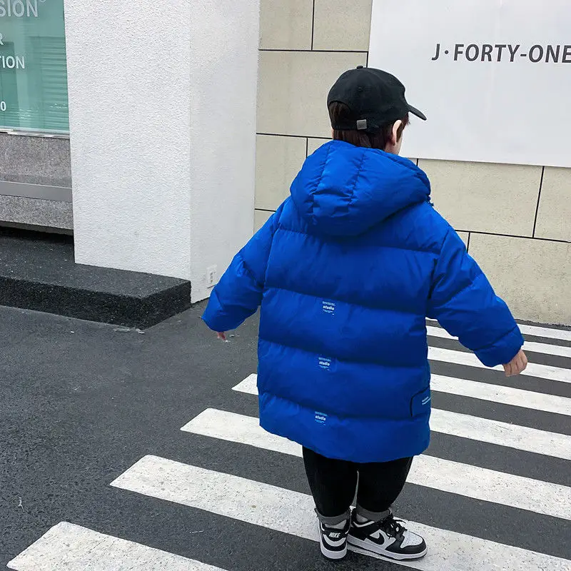 2025 New Winter Toddler & Big Kids Mid-Length Hooded Down Jacket for Boys Stylish Warm Outdoor Coat with Reflective Details
