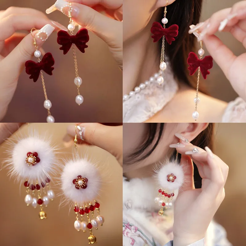 Burgundy Bow Dangle Earrings Long Tassel Pearl Pendant Flocking Earrings Women Lucky Wedding Jewelry Girl Gift Party Accessories