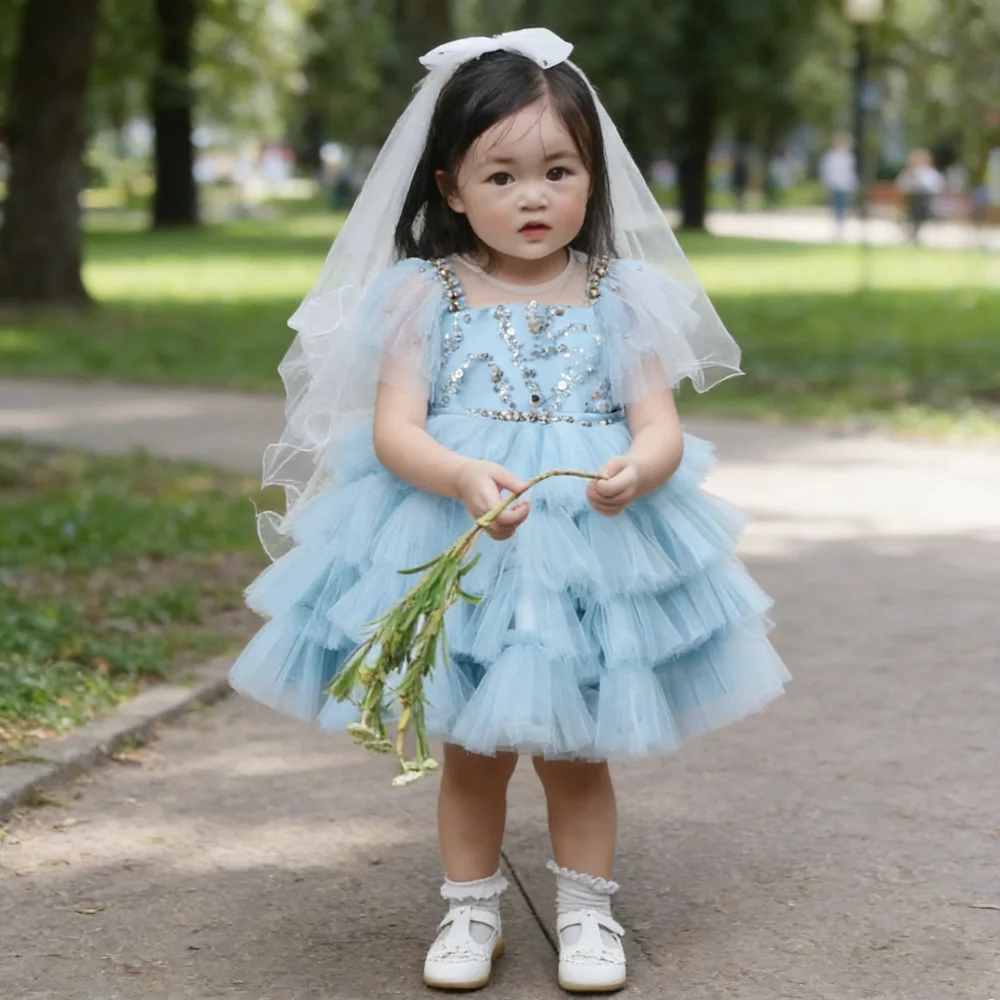 2026Layered Tulle Special Events Dress with Charming Bow forTrendy Girls' Princess Dresses Gown Sparkling Sequined Sleeveless