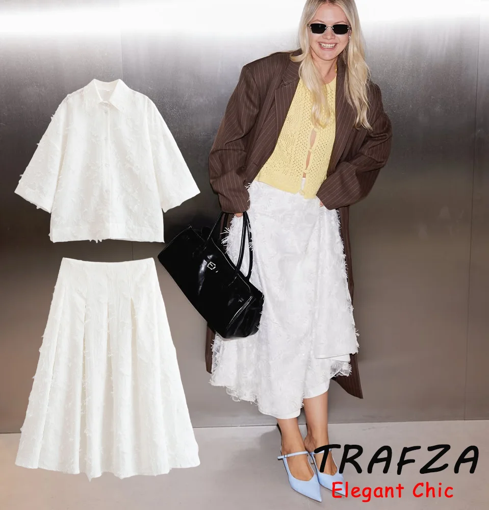 

TRAFZA Elegant Chic Tassel Skirt Set Women's Buttons Top Midi Skirt 2025 Spring Summer Fashion Romantic Vacation Mujer Skirt Set