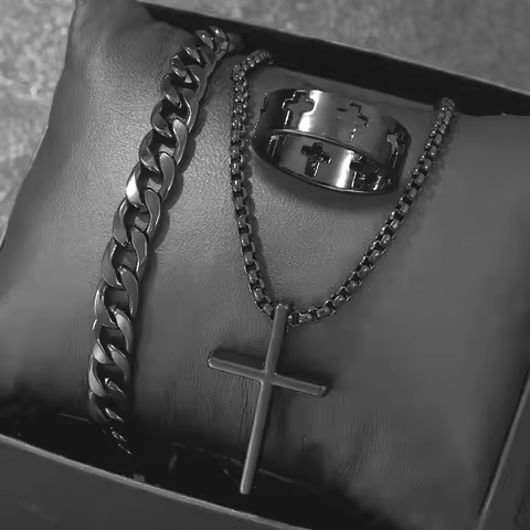 Stainless Steel 3pcs Jewelry Set for Men Cross Pendant Chain Necklace Bracelet Ring Set Personality Design Accessories Gifts