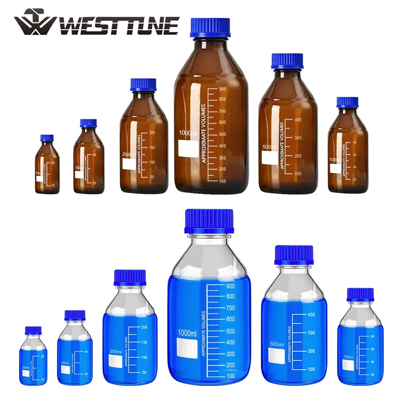 Westtune GL45 Brown&Transparent Glass Reagent Bottle 25ml-1000ml Leak-Proof Screw Cap Chemical Resistant Lab Bottles
