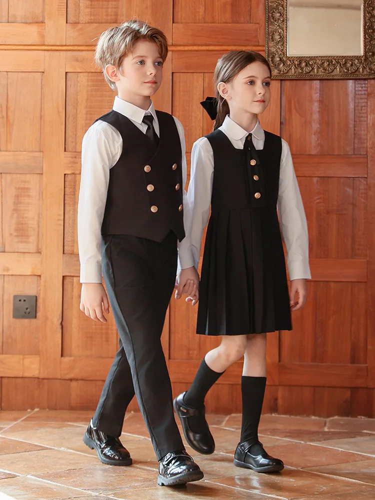 Solid Shirt Vest Suit Pants Girls Waistcoat Skirts Boys British Student Clothes Set Formal Dress Suits Child School Uniform