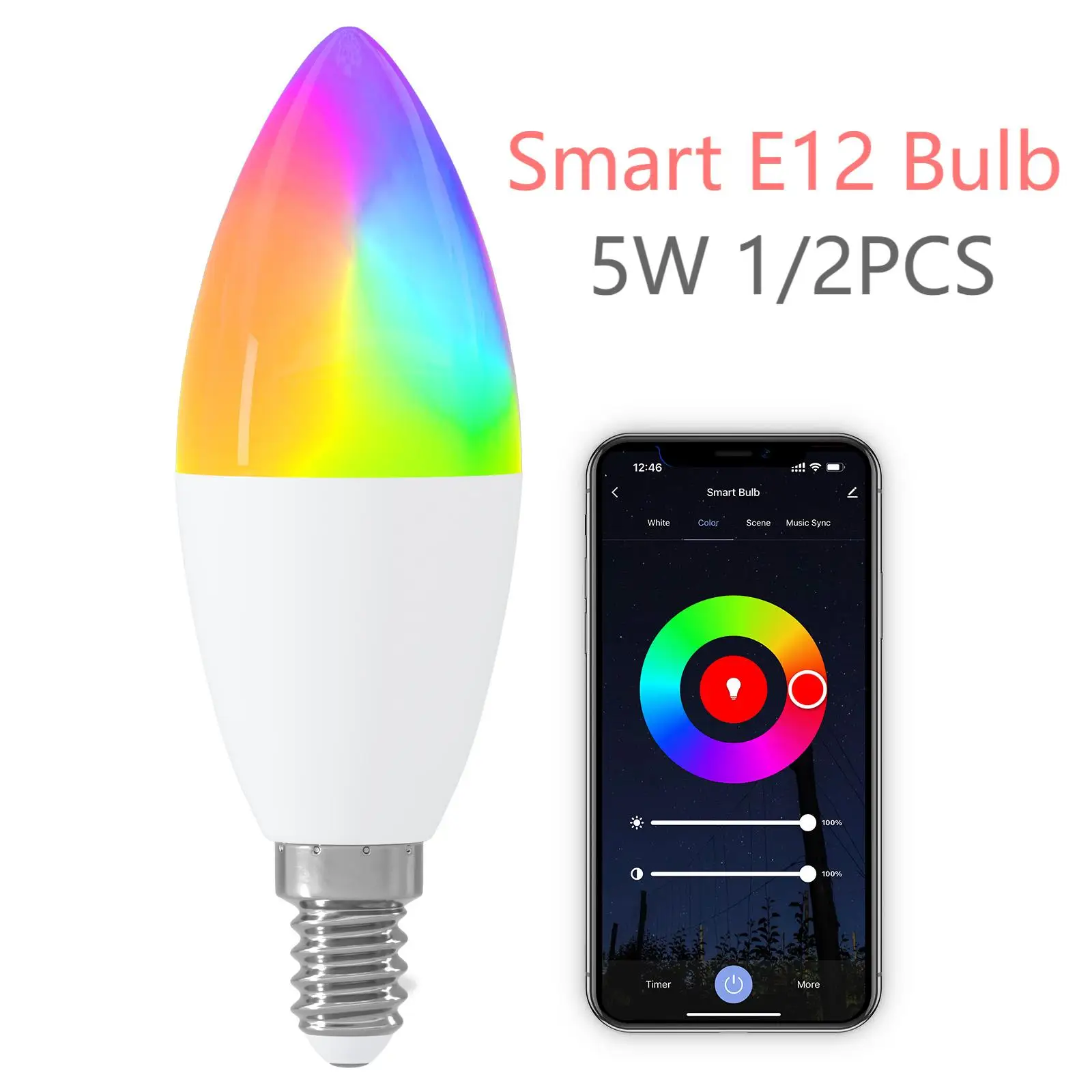 

Smart E12 Candle Bulbs C37 110V 5W Smart Light WiFi Bluetooth RGB Color Changing Work with Alexa Google Home LED Light Bulb