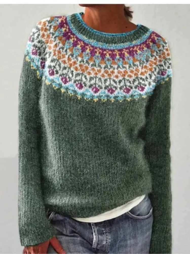 Nowy sweter damski z okrągłym dekoltem, w bloki kolorów, luźny, modny, jesienno-zimowy, elegancki, do pracy, z długim rękawem.