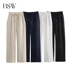 BSAY Women Fashion Spring Summer Lace-up Linen Blended Straight Pants Pocket Office Lady Chic High Waist Trousers Mujer