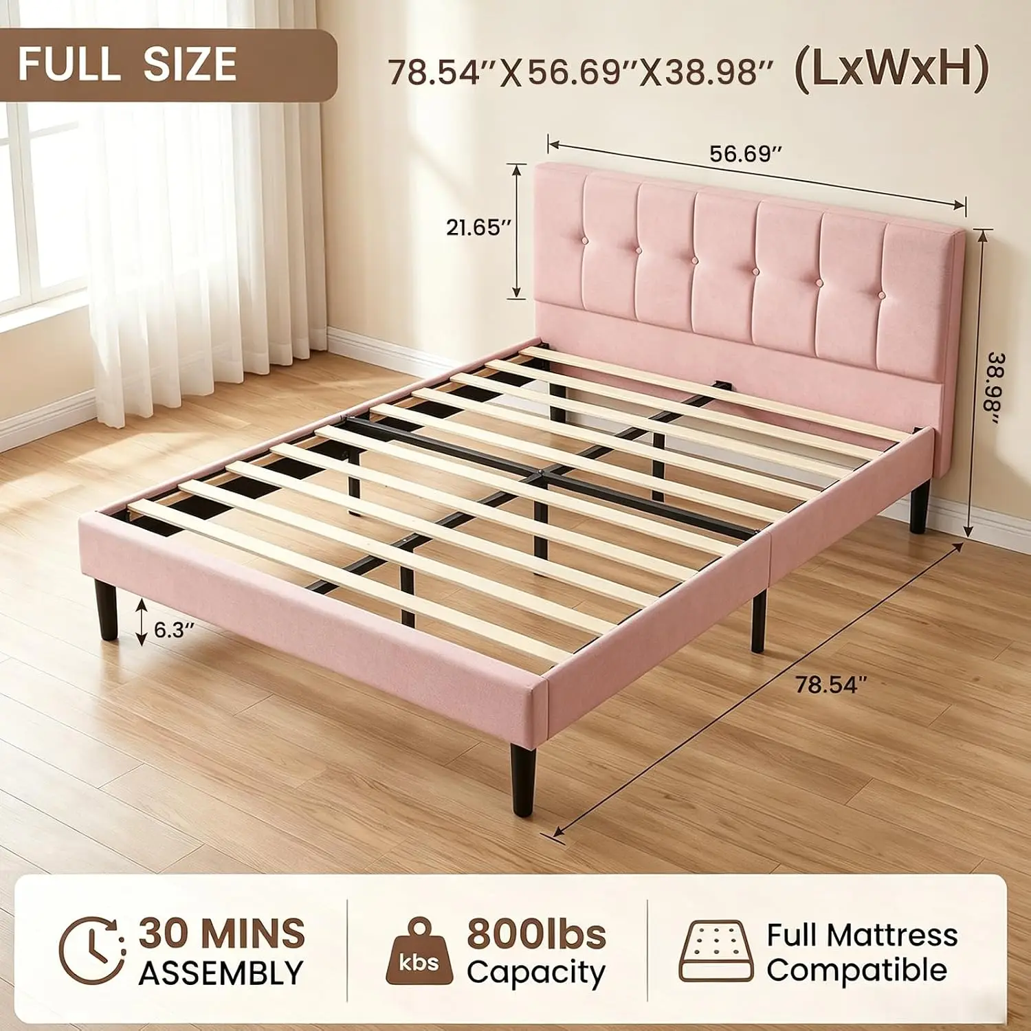 Full Bed Frame, Completed Velvet Upholstered Headboard, Pink | Fully Upholstered Mattress Foundation Bedframe, No, Customized