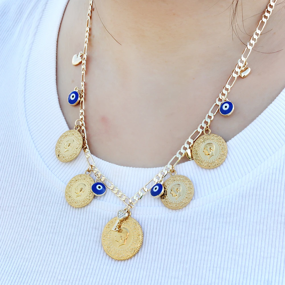 Classic Evil Eye Necklace Jewelry Gold Color Money Coin Lucky Blue Heart Shape Fashion Women Luxury Wedding Choker Wholesale