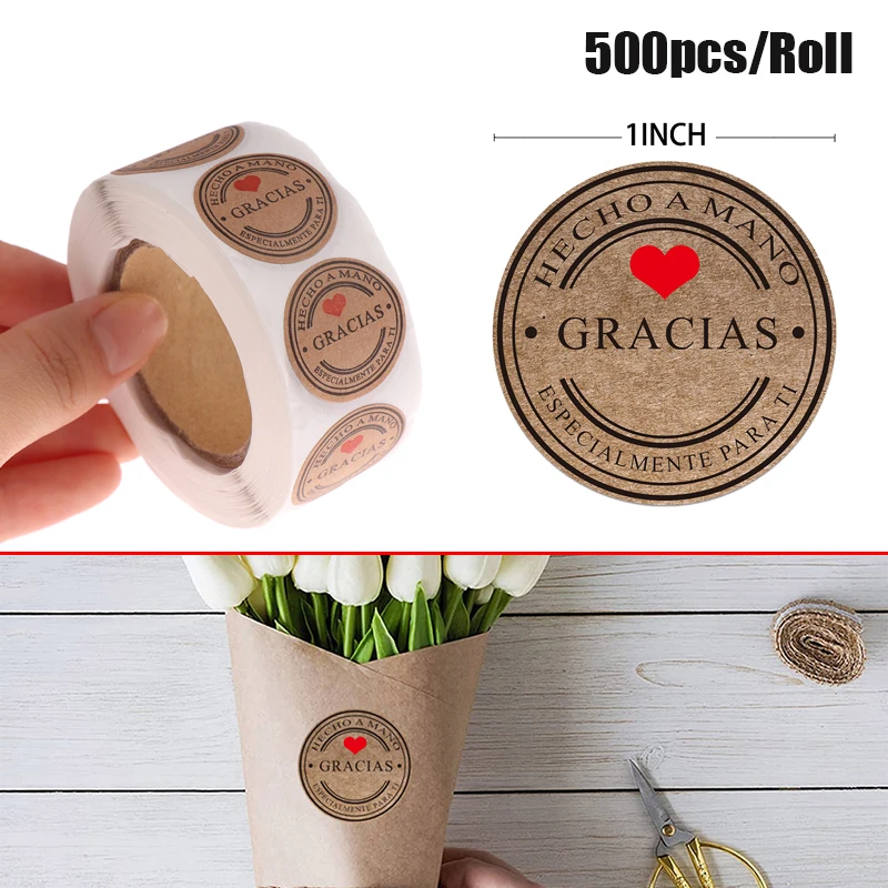 500PCS/lot Multiple Styles Kraft Gracias Spanish Thank You Labels Stickers Handmade Scrapbooking Stationery Sticker
