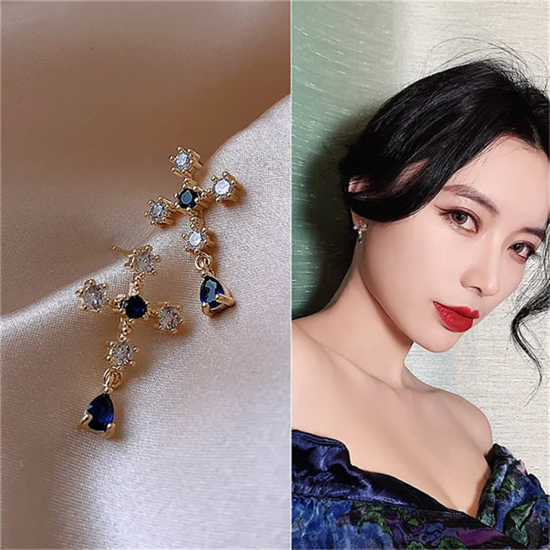Bohemian Vintage Cross Earrings Blue Crystal Long Tassel Drop Earring for Women Girls New Arrivals Fashion Jewelry Gift