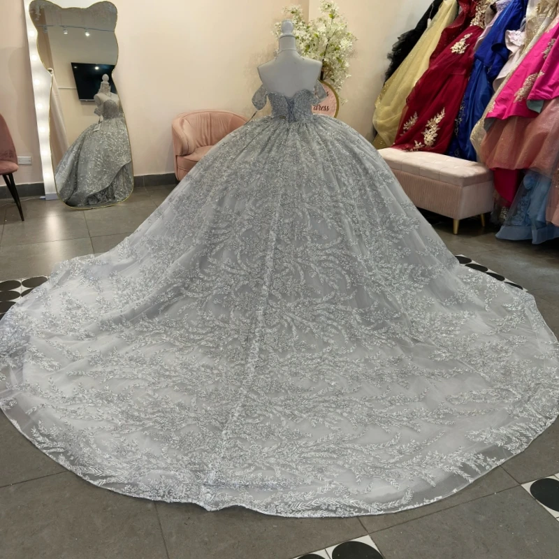 Gray Quinceanera Dresses Off The Shoulder Sequin Applique Lace Beads Tull Ball Gown Vestidos De 15 Anos Sweet 16 Dress