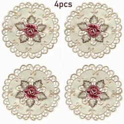 4pcs Round Embroidered Flower Dining Table Placemat Coasters Home Party Wedding Cover
