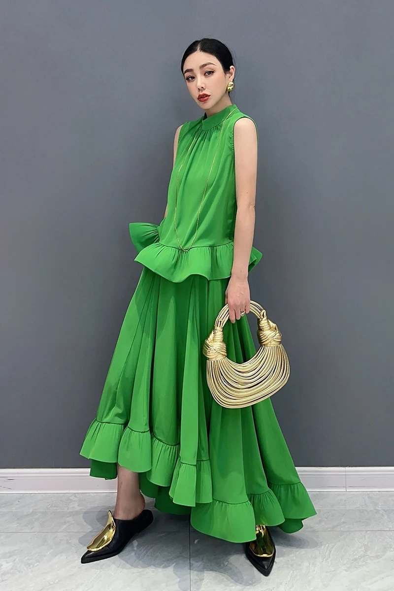 2024 Autumn New Elegant Women Set Sleeveless Ruffle Skirt Top Female Loose Swing Skirt Two Piece Set J394