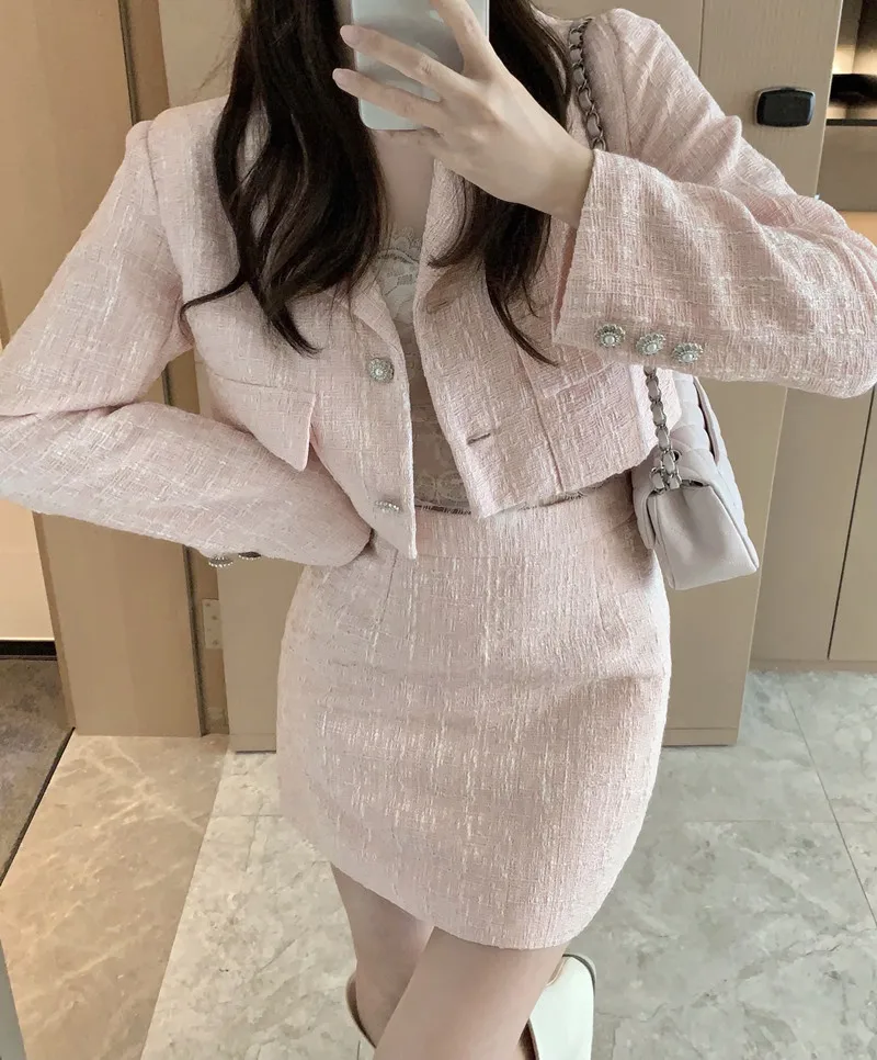 Korean Notched Tweed Jacket Pink Blazer Mini Plaid Skirt Two Piece Sets Womens Outifits 2024 Autumn Winter Clothes Suits