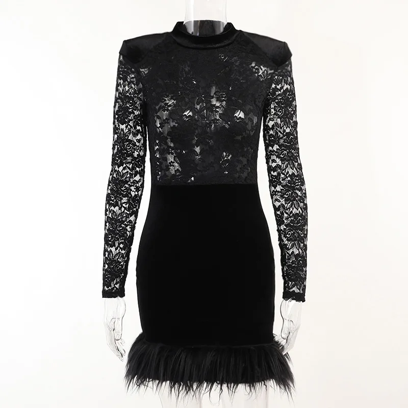 SKMY Autumn New Sexy Hip Wrap Black Dress Lace Velvet Feather Patchwork Perspective Y2k Clothes Women Short Dresses Long Sleeve