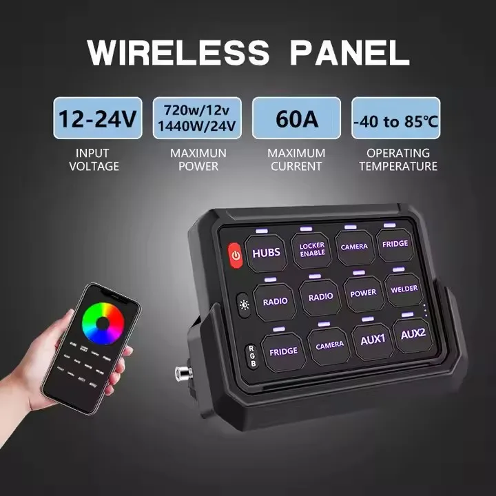 12 Gang Wireless Panel  Automotive Marine  Boat 12V Car Switch Panel Adjustable RGB Color for Marine SUV UTV Pickup Trucks