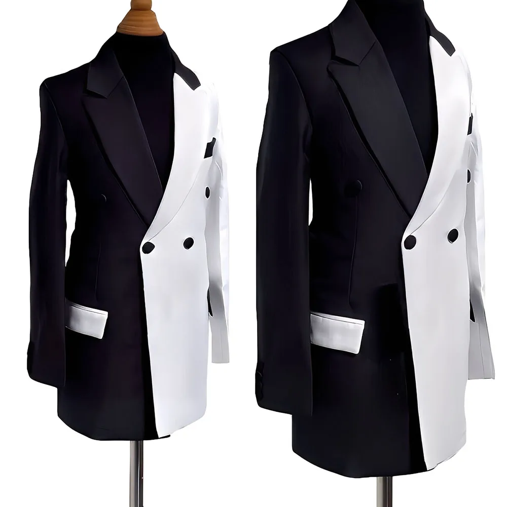 

White Black Men Overcoats Suits Double Breasted Long Coats Regular Fit Jackets Wedding Groom Single Blazer