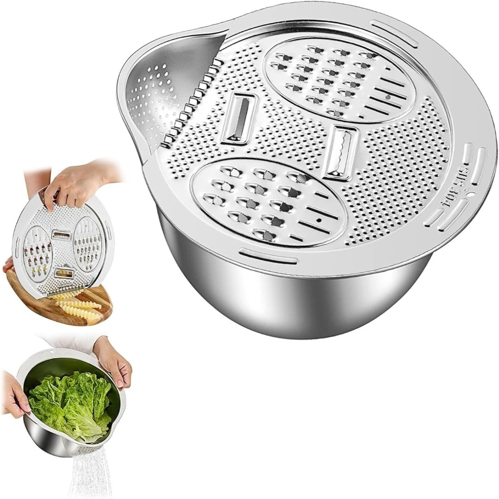 2‑IN‑1 Multifunctional 304 Stainless Steel Grater Bowl Vegetable Slicer Julienne Cutter Colander Rice Wash Basin Kitchen Tool