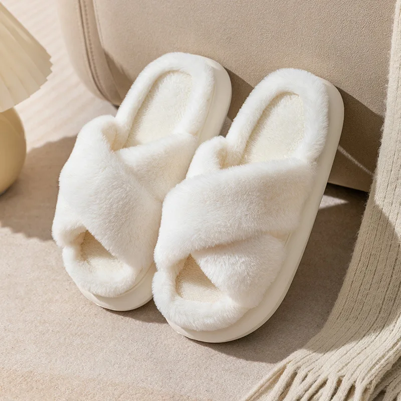 Fashionable Cross-Strap Furry Slippers For Women In Autumn & Winter Thickened Plush Home Slides Non-Slip Warm Cotton Slippers