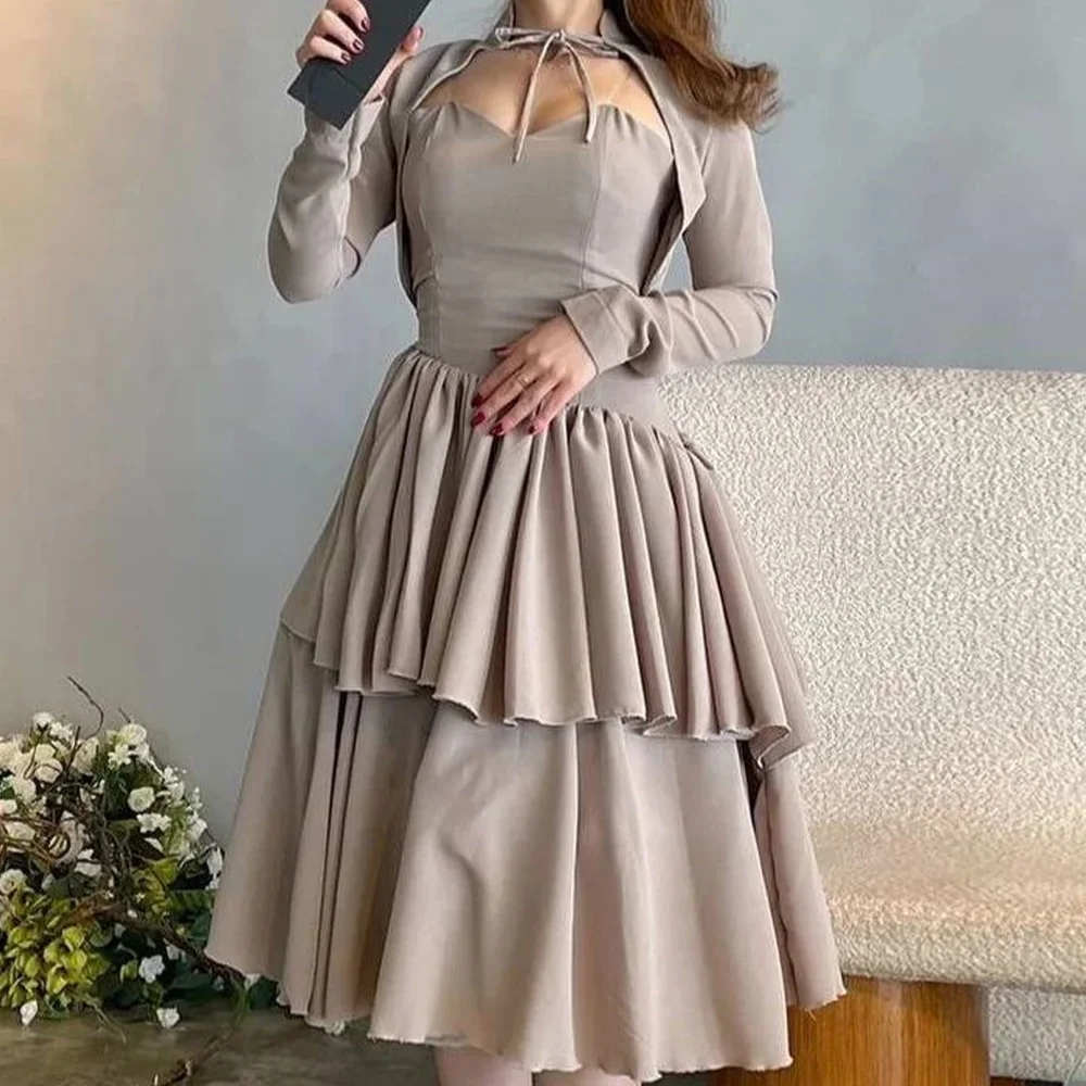 

A-Line Evening Dress Knee Length V-Neck Detachable Sleeve Jersey Long Sleeves Custom Made Celebrity Gowns Modern and Temperament