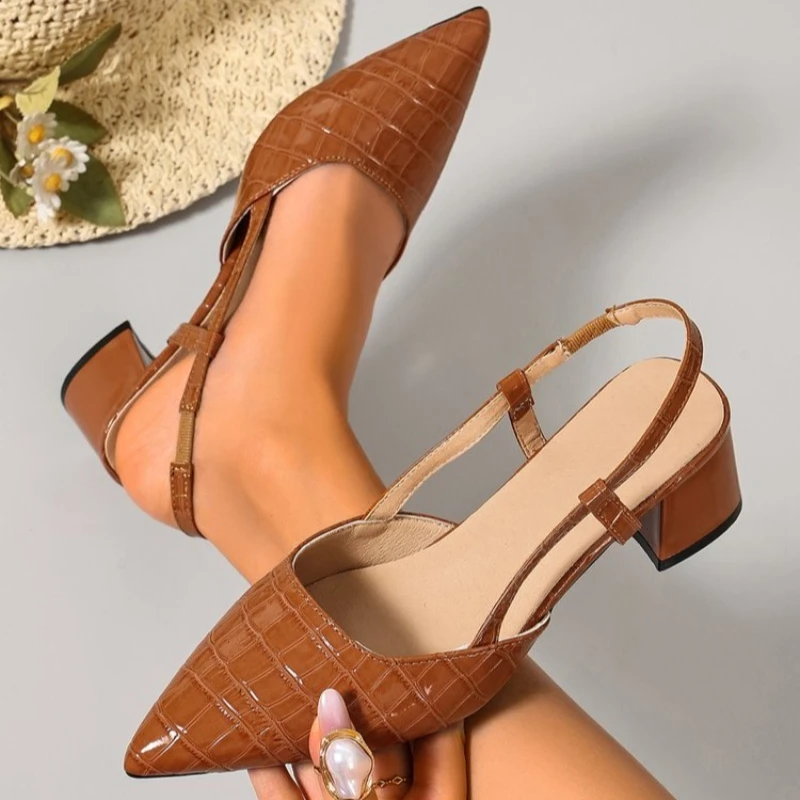 Elegant Thick Heels Breathable  High Heels  Sexy Pointed Toe Slingback Women's Sandals