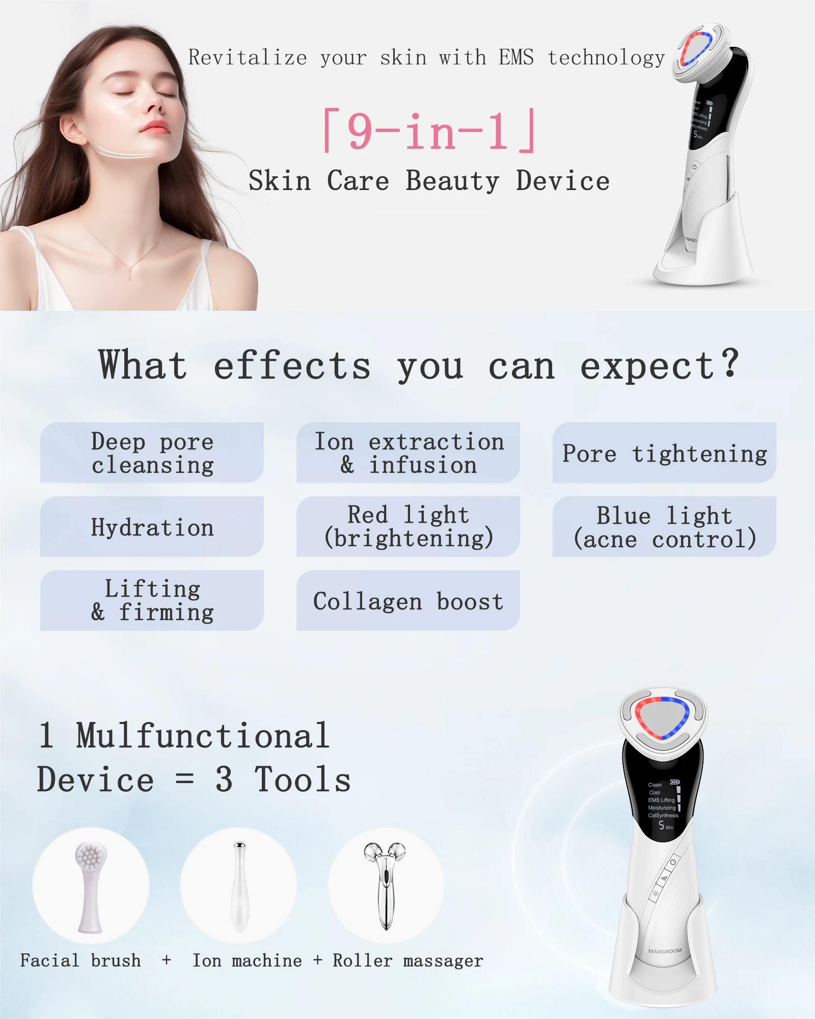 MAXGROOM EMS masajeador Facial Lifting LED fotones limpieza profunda de la piel de los ojos eliminación de arrugas calor vibración cuidado de la piel dispositivo de belleza