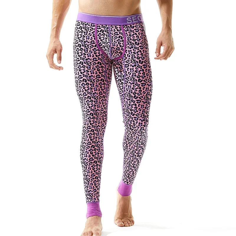 Térmico longo johns masculino leopardo impressão algodão leggings dos homens sexy roupa interior quente longo cuecas hip hop longo johns inverno juventude