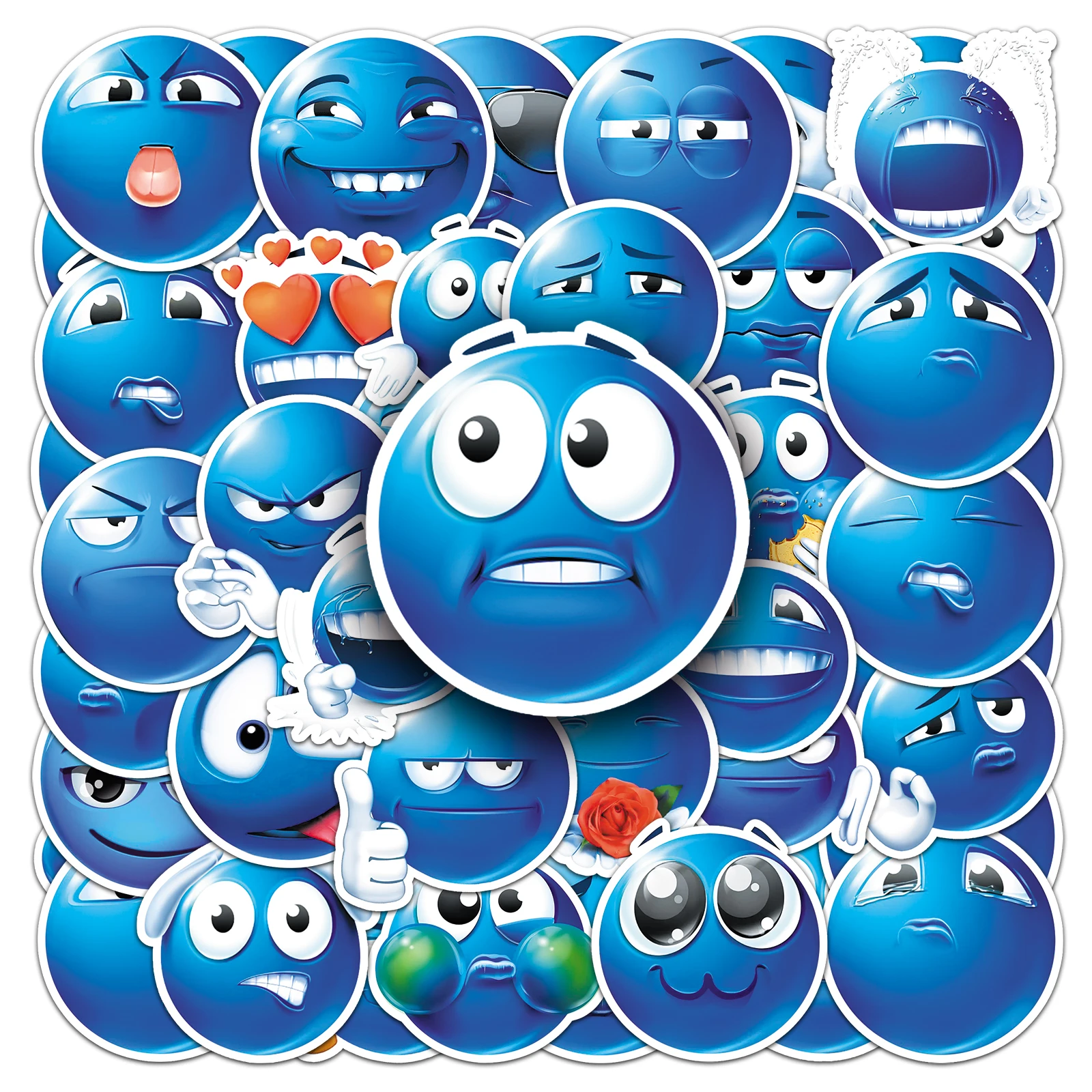 50PCS Blue Beans Emoticon Pack Collection Stickers Reusable PVC Decals for Scrapbooking Laptops Water Bottles Stickers