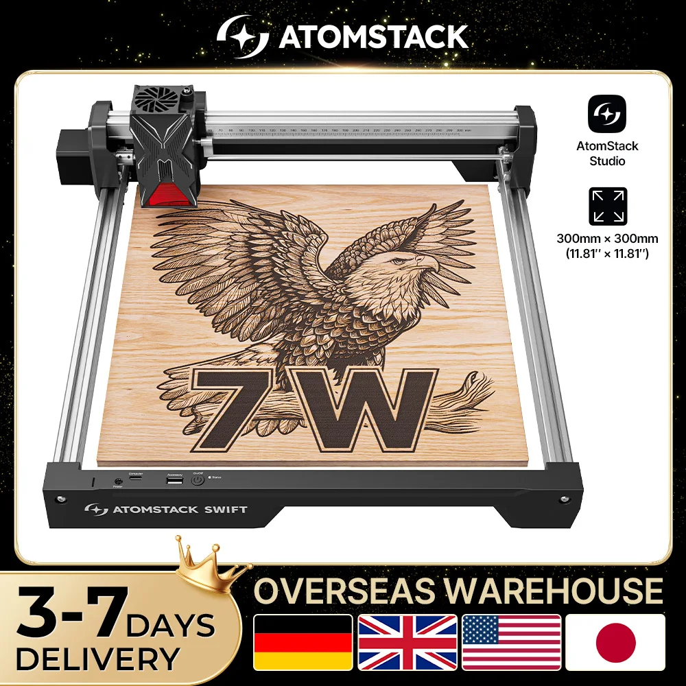 ATOMSTACK SWIFT Máquina de Grabado Láser Portátil 12W 7W, Grabador Láser para Madera, Herramientas de Bricolaje, Placas de Identificación para Perros, Acrílico, Metal, 300*300mm, Grabador Láser CNC, Cortador, Kit de Herramientas de Trabajo en Casa con WIFI