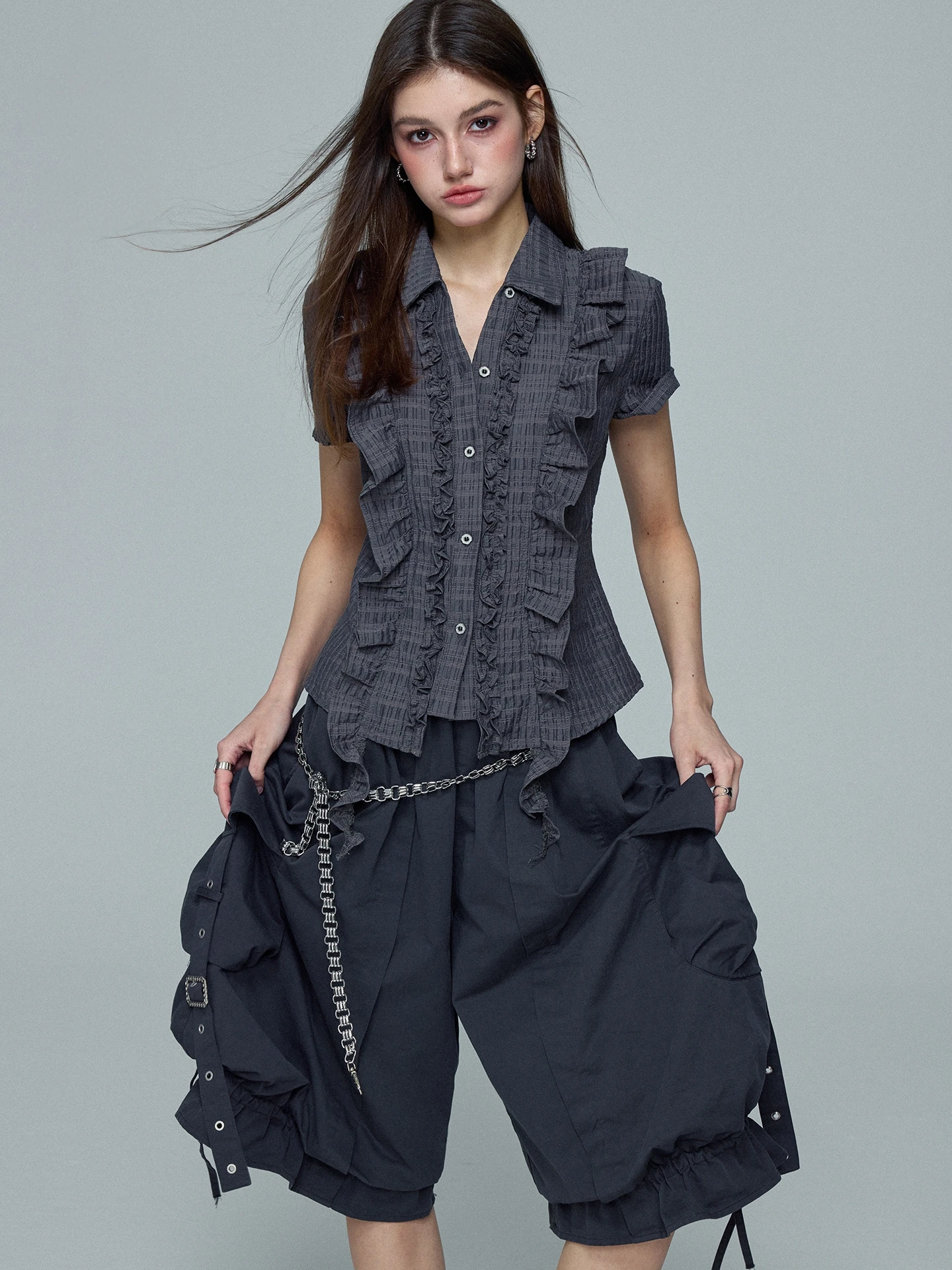 Vintage Washed Loose Lantern Pants Women's Workwear Casual Cotton Trousers Multi-Pocket Baggy Five-Quarter Length Slimming