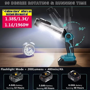 Lampada da lavoro a LED da 2000LM per batteria al litio Makita 18V Torcia da 35W per campeggio Riparazione auto Illuminazione di emergenza e cantiere