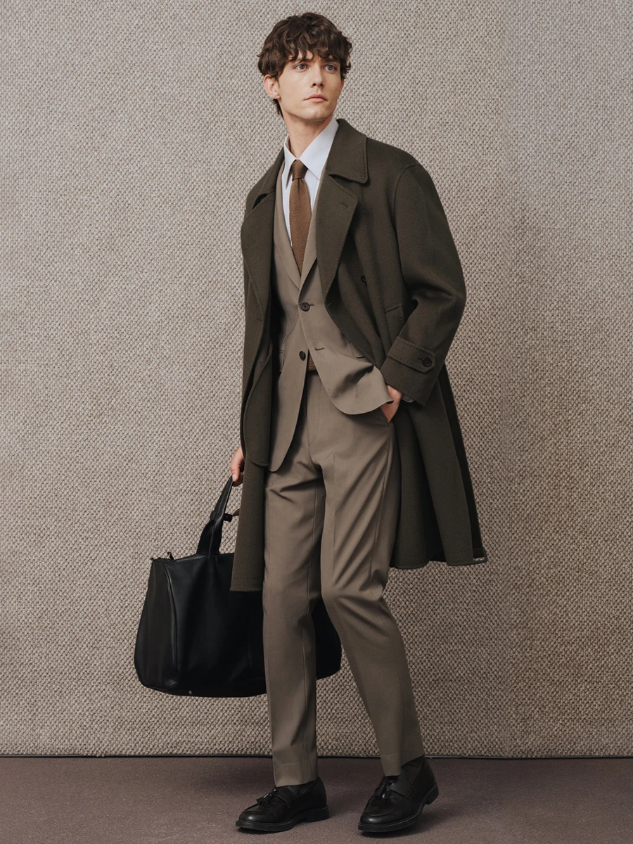 معطف كشمير 95% من الصوف 5% للرجال معطف شتوي مزدوج الصدر مع طية صدر السترة متوسطة الطول من مزيج الصوف الثقيل للأعمال