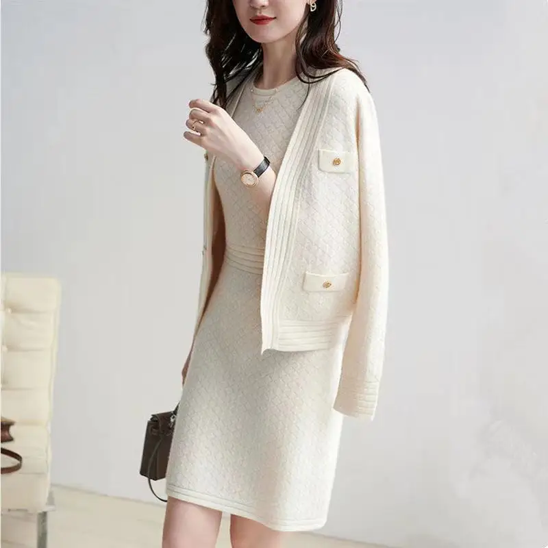 

Winter Women Knitted Sweater 2 Pieces Set Solid Color Long Sleeve Pullovers Cardigan & Dress 2PCS Suits Q765