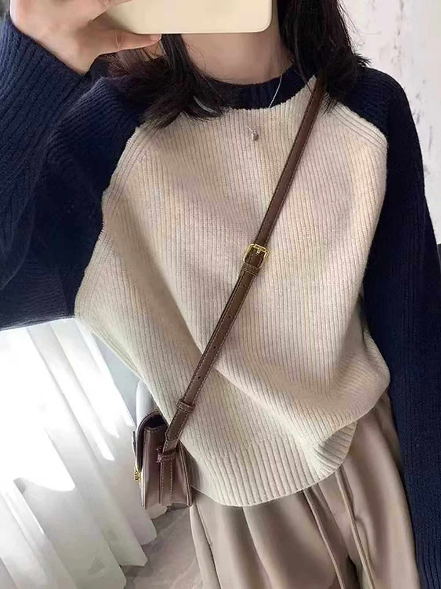 Winter color matching 100% pure cashmere sweater women's high-end thick autumn and winter contrast soft waxy bottoming sweater