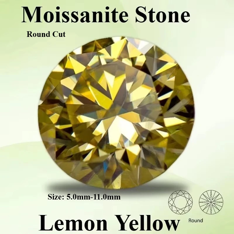 Moissanite Gemstone Lemon Yellow Color Round Cut Lab Grown Diamond for DIY Charms Women Jewelry Making with Certificate