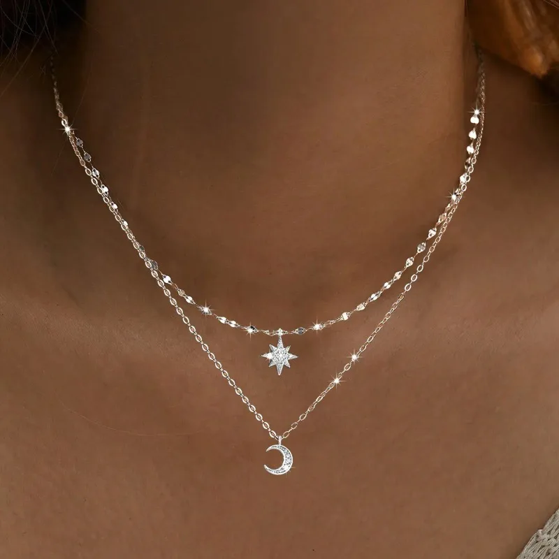 

925 sterling silver moon Double-layer necklace, a unique design of star moon layering pendant, versatile collarbone chain