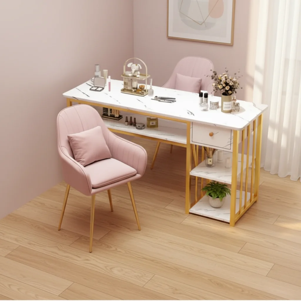 Modern Pink Wooden Nail Table with Durable Metal Base Commercial Living Room Furniture Nail Station Flash Durable