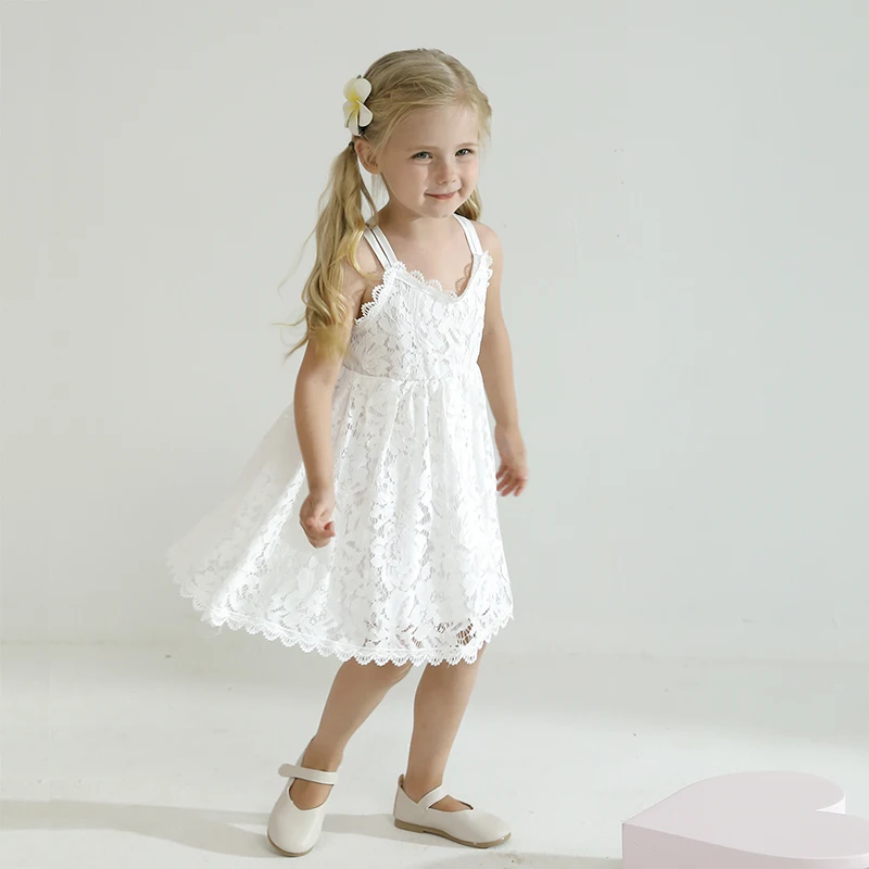 White Flower Lace Princess Summer Dress For Girls Kids Sling Casual Dresses 3 6 8Y Children Clothes Little Girls Vestidos Infant