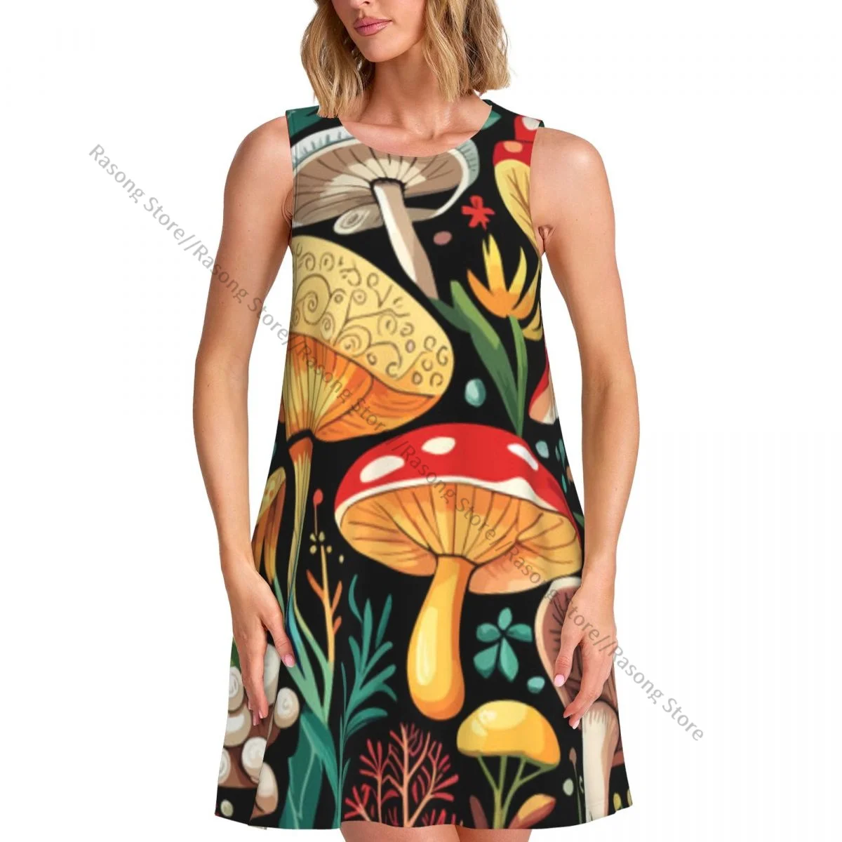 

Summer Vest Dress Women's Mushrooms Painting Sleeveless Female Dresses