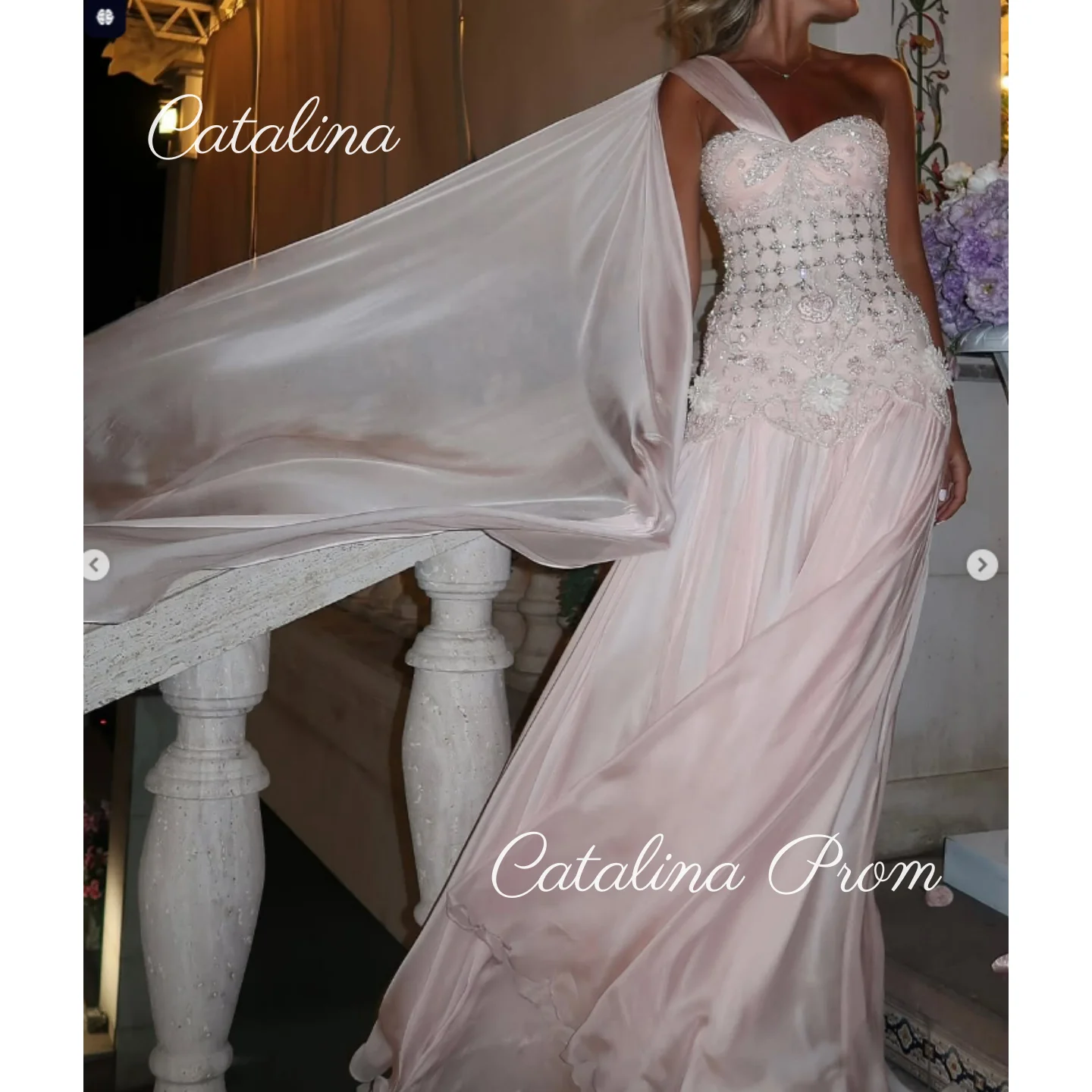 

Crystal Evening Dress Elegant Pink Prom Dress Chiffon Beadings Formal Wedding Dress 2025 One Shoulder Sleevesless Customized