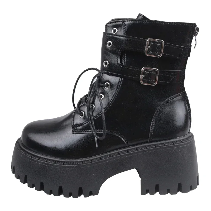 Autumn Women Motorcycle Boots Fashion Lace Up Short Booties Autumn Winter Female Platform Heel Shoes